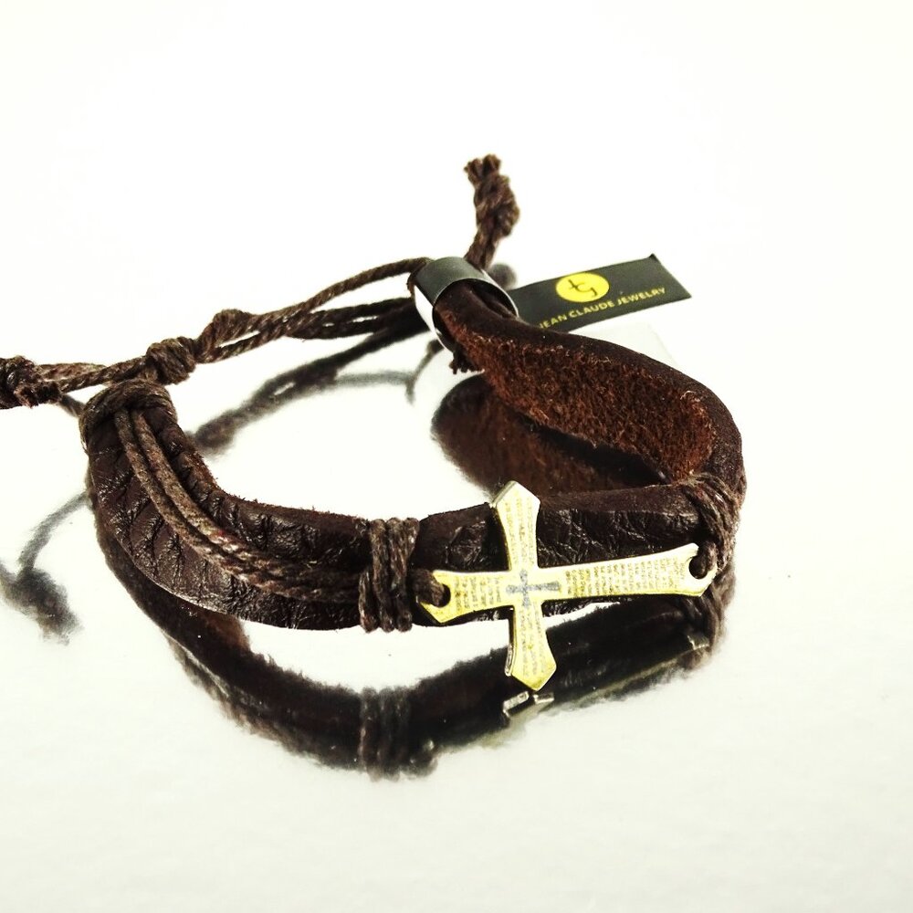 JEAN CLAUDE Brown Soft Leather Gold Tone Cross Friendship Adjustable Bracelet